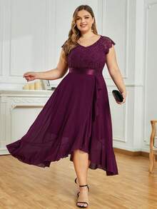 Plus Elegant V Neck Lace Contrast Ruffle Split Hem Chiffon Evening Party Long Dress, Homecoming Dress, Wedding Guest Dress, For Birthday, Graduation