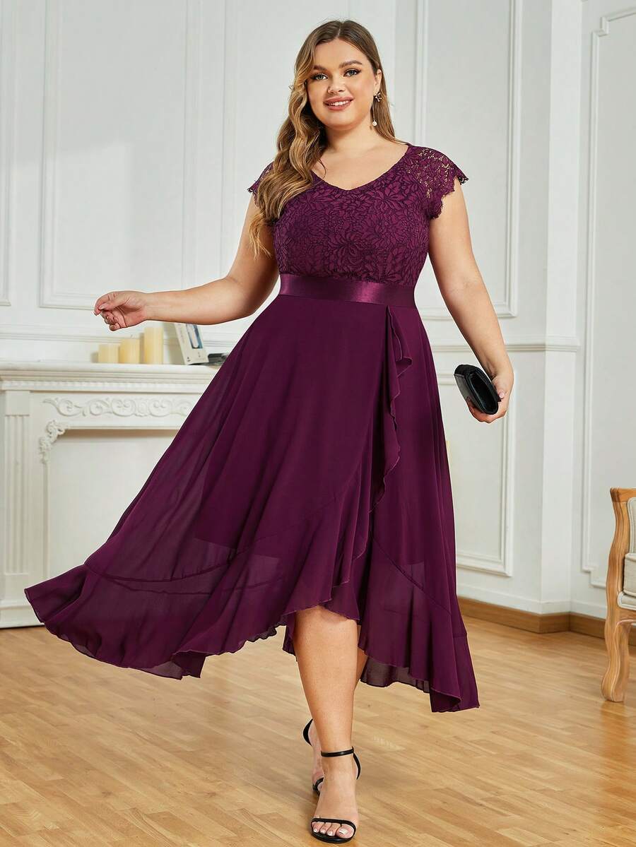 Plus Elegant V Neck Lace Contrast Ruffle Split Hem Chiffon Evening Party Long Dress, Homecoming Dress, Wedding Guest Dress, For Birthday, Graduation