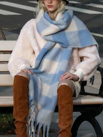 1pc Winter Thick Warm Scarfs For Woman - Blue Grid Pattern Shawl, Warm And Soft Artificial Cashmere, Suitable For Daily, Commuting, Outdoor, Home, Travel, Gifts, Women's Accessories