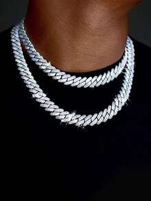 1pc 15mm Cuban Link Chain Curb Chain Necklace,Unisex 3 Rows Rhinestone Hip Hop Necklace Faux Diamond Chain For Father's Day Gift - Diamond - View 3