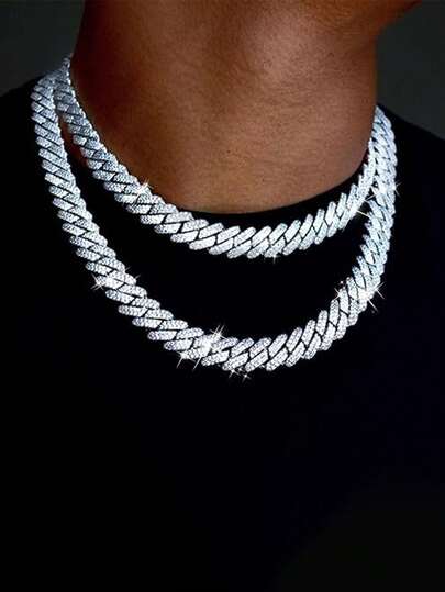 1 件 15 毫米链锁链项链，男女通用 3 排水钻嘻哈项链仿钻石链，适合父亲节礼物