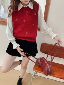 Wixra Rompi Sweater Merah Lucu dengan Hiasan Pita Berlian Imitasi Terbaru untuk Wanita, Cardigan Rajut Longgar, Gaya Romantis untuk Kencan Natal - Merah - View 3