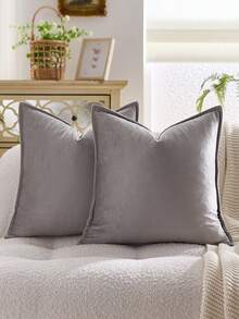 1pc Velvet Edged Throw Pillow Cover Solid Square Cushion Case For Sofa, Bedroom And Car,Fall Decor,Autumn Decor,Room Decor - Light Grey - View 3