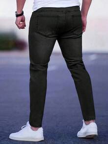 男士时尚休闲街头风格个性化运动学院通勤商务街头弹力袖口百搭牛仔裤 - 黑色 - 查看 3