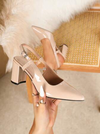 Women's Apricot Patent Leather Pointed Toe Chunky Heel Pumps, Elegant Pointed Toe Formal High Heels, Fashion Slingback High Heel Shoes