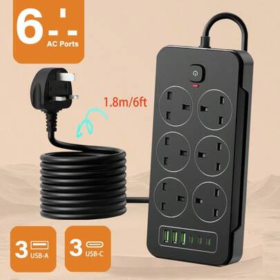New Multi-Function Power Strip/Power Socket/Power Strip, 1 Power Strip With 6 Sockets, Equipped With (3 USB-A) (3 TYPE-C). Equipped With A 1.8-Meter Long Power Extension Cord, Suitable For Home Office, Kitchen, Garage, And Outdoor . Home Office Charging Station