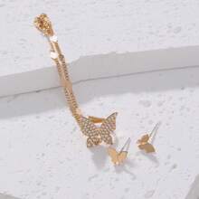 3pcs/Set Copper Butterfly Inlaid Cubic Zirconia Tassel Left Ear Cuff Earrings Set, Suitable For Women's Daily, Party, And Holiday Occasions