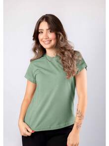 Kit 2 Women's Blouses Baby Look Basic T-Shirt 100% Premium Cotton Plain T-Shirt Traditional High Summer - 粉紅色/橄欖綠 - 查看 5