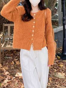 Alicedudu Women's Autumn/Winter New Special Yarn Round Neck Cardigan Sweater - Orange - View 4