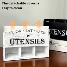 1pc Rustic Wooden Kitchen Utensil Holder, 3-Compartment Wood Storage Box, Countertop & Wall-Mounted Dual-Use Organizer, Multifunctional Kitchen Accessory For Cooking, Eating & Baking Tools Storage - White - View 7