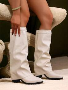 Fall/Winter 2025 Sexy Fashion Women Fold Over Boots Pointed Toe Chunky Heels Metal Knee High Boots Nightclub Elegant Luxury Shoes - Beige - View 5