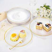 50/25/20/10/5/1pcs Transparent Hammered Gold Rim Plates, Salad Plates, 10.25 Inch And 7.5 Inch Dinner Plates, Suitable For Halloween, Christmas Gifts, Family Gatherings, Parties, Outdoor, Weddings, Restaurants, Kitchen