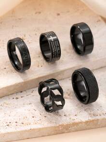 5入組時尚不鏽鋼戒指，簡約黑色羅馬數字戒指，中空旋轉戒指，男士酷炫嘻哈戒指配件