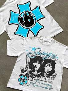 " 666" Edgy Graphic Tees Y2k Style Tee (220g Cotton T-Shirt) Printed T-Shirts, Unisex T-Shirts, Casual And Comfortable To Wear Men's Summer Round Neck Short Sleeve T-Shirts, Fashion Printed T-Shirts, Uni T-Shirts, Casual And Comfortable To Wear Vintage - Style Graphic T - Shirt - 白色 - 查看 1