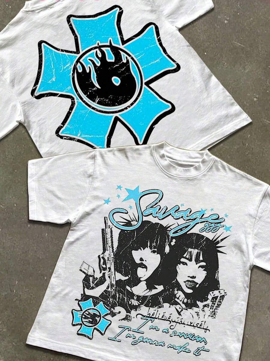 " 666" Edgy Graphic Tees Y2k Style Tee (220g Cotton T-Shirt) Printed T-Shirts, Unisex T-Shirts, Casual And Comfortable To Wear Men's Summer Round Neck Short Sleeve T-Shirts, Fashion Printed T-Shirts, Uni T-Shirts, Casual And Comfortable To Wear Vintage - Style Graphic T - Shirt - 白色 - 查看 1