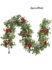 1pc Bohemian Artificial Wreath - Indoor/Outdoor Holiday Decoration With Lush Green Plastic Plants & Red Berries, No Feathers/Lights, Multi-Holiday Decor For Halloween, Thanksgiving, Christmas, Festive Home Accent, Natural Festive Look, Berry Embellishments, Outdoor Ornament, Rustic Charm, Durable Material, Seasonal Decorators - Multicolor - View 8