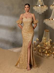 Faeriesty Style Elegant Glittery Puff Sleeves Lace-Up Backless Split Sequin Formal Party Dress For Weddings, Galas, And Cannes Parties Proms, Red-Carpet Events, And High-End Banquets​,Award Ceremonies