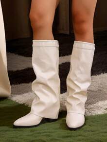 Fall/Winter 2025 Sexy Fashion Women Fold Over Boots Pointed Toe Chunky Heels Metal Knee High Boots Nightclub Elegant Luxury Shoes - Beige - View 7
