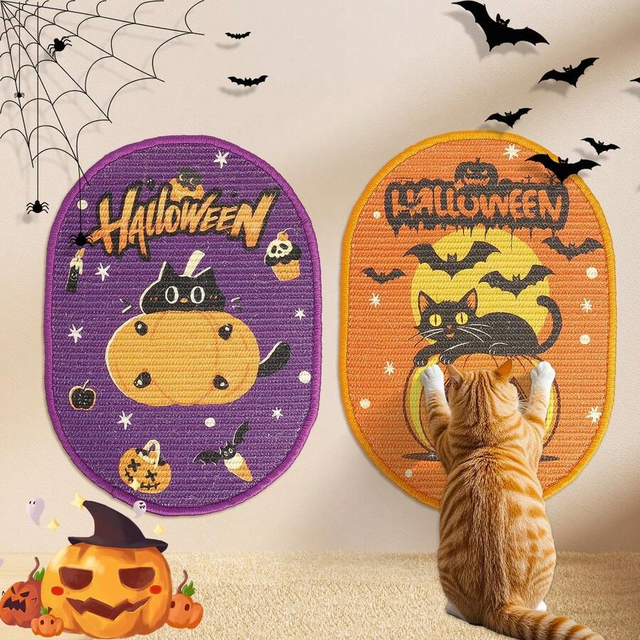 Halloween & Christmas Nightmare Decorations, Halloween & Christmas Hanging Decorations, Nightmare Theme Tree Home Indoor Party Decor, Ghost, Pumpkin, Bat, Evil Pumpkin Head, Holiday Themed Atmosphere, Sisal Cat Scratch Pad (Suitable For Walls, Sofas And Carpets), Durable Anti-Shedding Cat Scratch Surface With Hook And Loop Hooks, Indoor Cat Scratching Pad Wall Scratcher