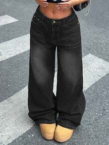 Women's Loose Straight Boyfriend Style Retro Jeans Casual Spring Black - Black - View 5