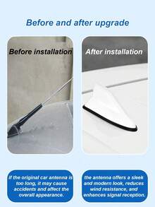 Antenne de requin décorative pour voiture, modification d'aileron de toit, avec antenne dédiée à la réception du signal, pas besoin de percer des trous pour l'aileron de toit. Antenne de requin modifiée avec récepteur de signal intégré, finition laquée piano brillante, apparence élégante, design profilé pour réduire la résistance au vent, base adhésive puissante, installation non destructive