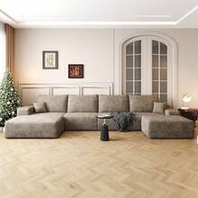 135*69" Cloud Sectional Sofa With 1 Ottoman,Modern Minimalist Upholstered Couches, Comfort U Shaped Sofa For Living Room,Deep Seat Corner Couch,No Assembly Required ,Grey(Plush Corduroy Fabric) - 左向躺椅+3座+1腳凳(駝色) - 查看 2