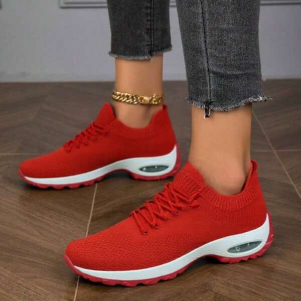 Women's White & Pink Knit Lightweight Cushioned Casual Sneakers, Vintage Style Platform Slip-On Sock Shoes