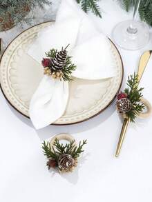 3Pcs Christmas Napkin Rings ,Realistic Pine Needles, Red Berries And Pinecone Accents, Elegant Xmas Table Setting Accessories, Decoration For Christmas Party,Dinner - Multicolor - View 11
