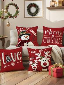 4 piezas/1 pieza Funda de almohada decorativa navideña - Patrón de muñeco de nieve y reno con letras "Que Nieve" y "Feliz Navidad", 45x45 cm | Cierre con cremallera | Material de poliéster | Para sala de estar, habitación, sofá y dormitorio (Relleno no incluido) Excelente para decoraciones navideñas, fiestas de Navidad, decoración del hogar, decoración de habitación de invierno