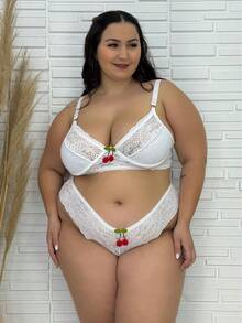 Women's Plus Size Sensual Cherry Bra And Panty Set Sexy Lingerie - White - View 1