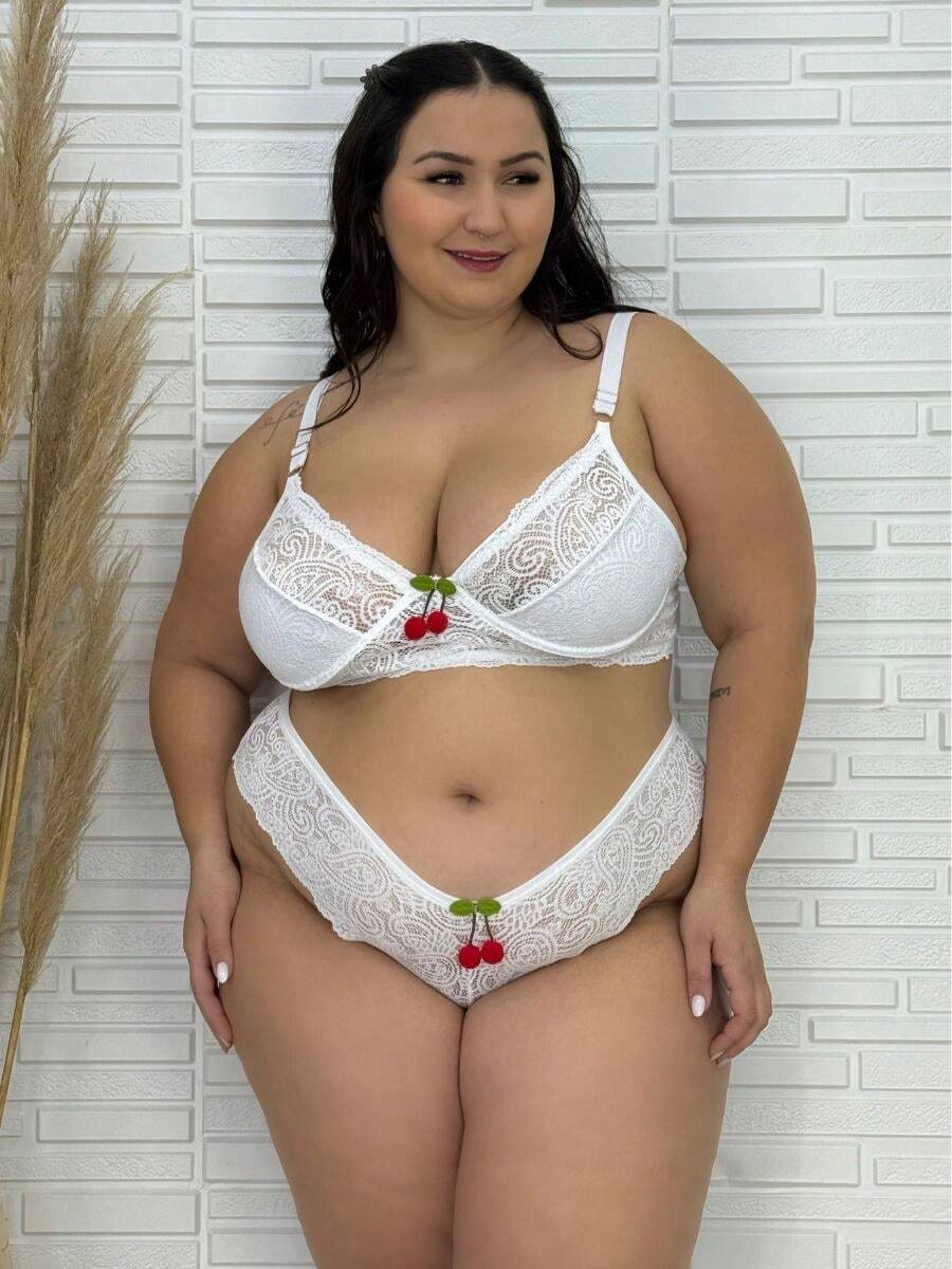 Women's Plus Size Sensual Cherry Bra And Panty Set Sexy Lingerie - White - View 1