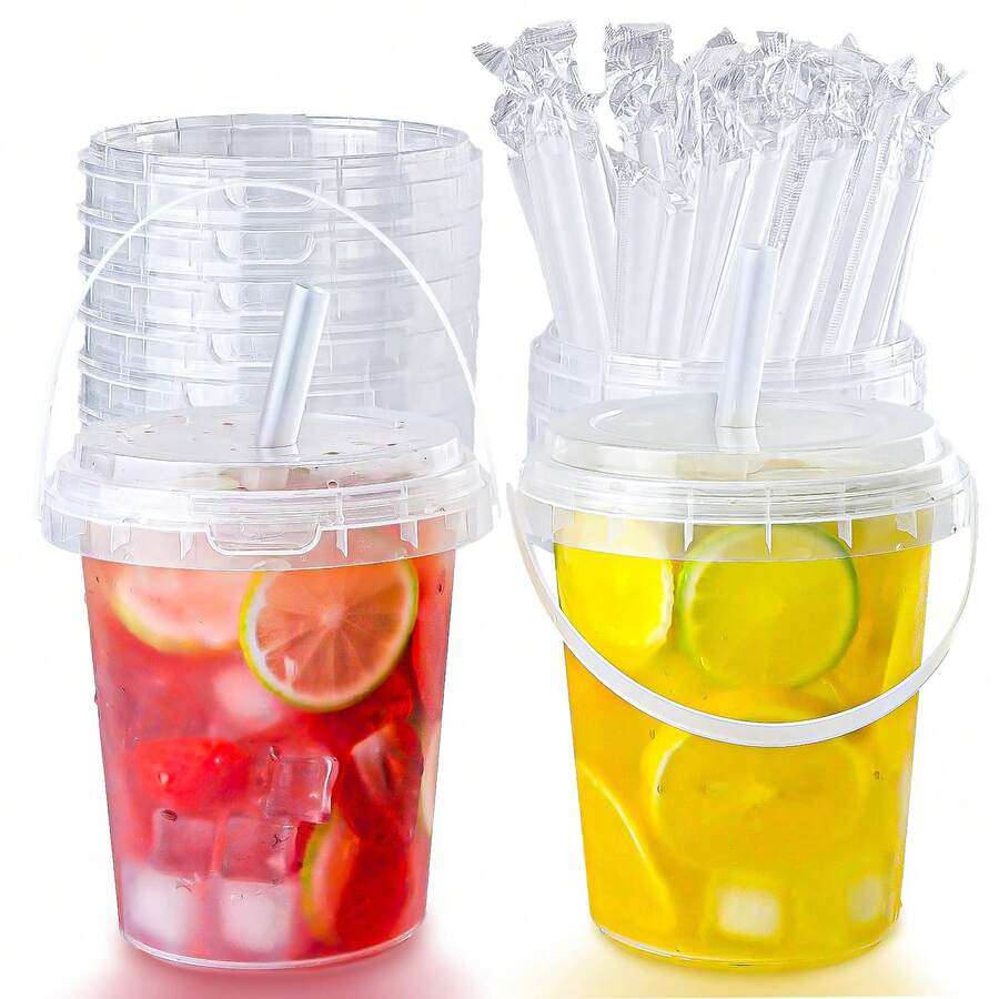 34 Ounce Large Reusable Plastic Cups With LIDS And Straws Drink Cups Suitable For Iced Beverages, Fruits, And Ice Buckets - Ideal For Parties, Festivals, And Daily Use (5/10 Sets) - trong suốt - Xem 1