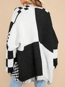 Women's Casual Oversized Long Sleeve Open Front Checkered Color Block Plaid Knit Cardigan - 黑與白 - 查看 4