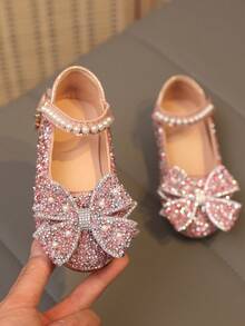 1 双加大码 2025 新款时尚百搭粉色女孩珍珠和水钻蝴蝶结装饰可爱平底鞋，圆头，适合日常穿着、跳舞、春秋季户外穿着，闪光装饰包头公主芭蕾平底鞋，尺码偏小半码 - 粉色 - 查看 4