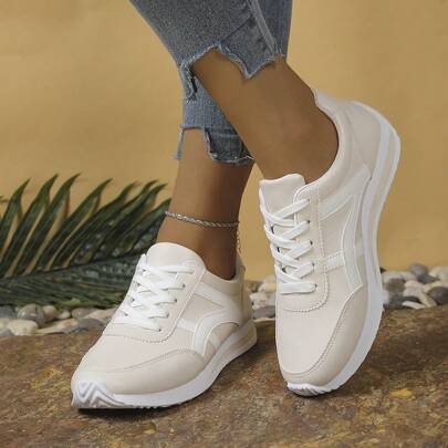 女士平底休闲运动鞋、滑板鞋、撞色运动 PU 皮革系带舒适滑板鞋、四季百搭户外鞋