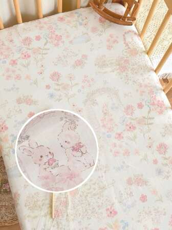 1 件可爱兔子花园卡通图案柔软舒适 100% 纯棉婴儿床床笠