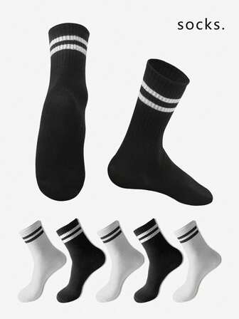 10 Pairs Men's Multicolor Black & White Striped Solid Color Casual Comfortable Mid-Calf Socks