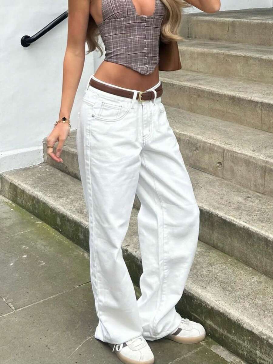 Women's Y2k Low Rise Jeans Vintage Wide Leg Loose Denim Pants Baggy Trousers With Pockets - 白色 - 查看 1