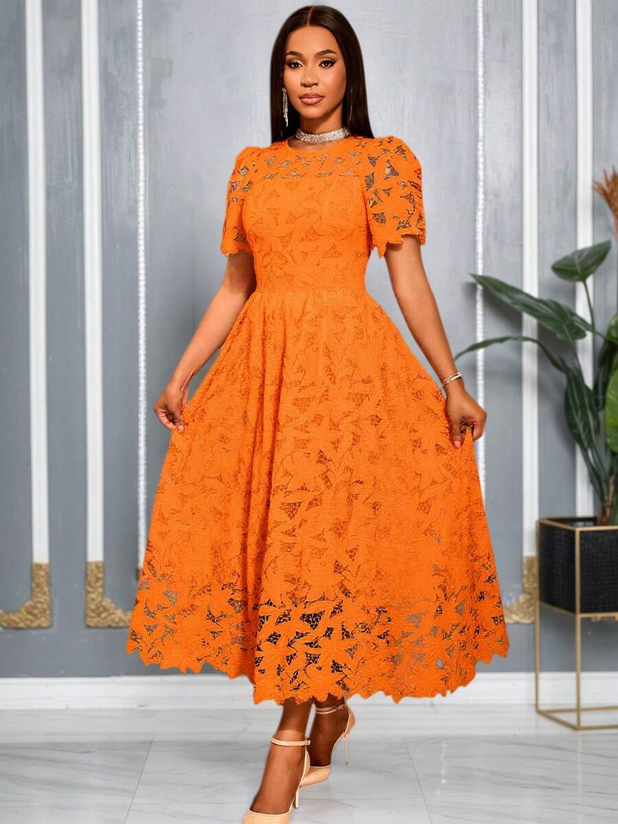 AOMEI Wedding Guest Dress, Bride's Gift Dress, Mid-Length Wedding Guest Dress, Women's Round Neck Hollow Short Sleeve Elegant A-Line Long Lace Cocktail Dress - Orange - View 1