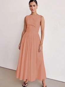 MODA MO, REF: H978 Women's Dress, Long Dress, Sleeveless, Round Neckline, High Waist, Backless, Zipper Dress, Slim Model, A-Line Dress, Elegant, Modern, Light, Comfortable, Versatile, Refined Look, Casual Chic Dress, Event Dress, Sophisticated Look, Summer Dress, Quality Finish, Feminine Style. - 橘色 - 查看 1