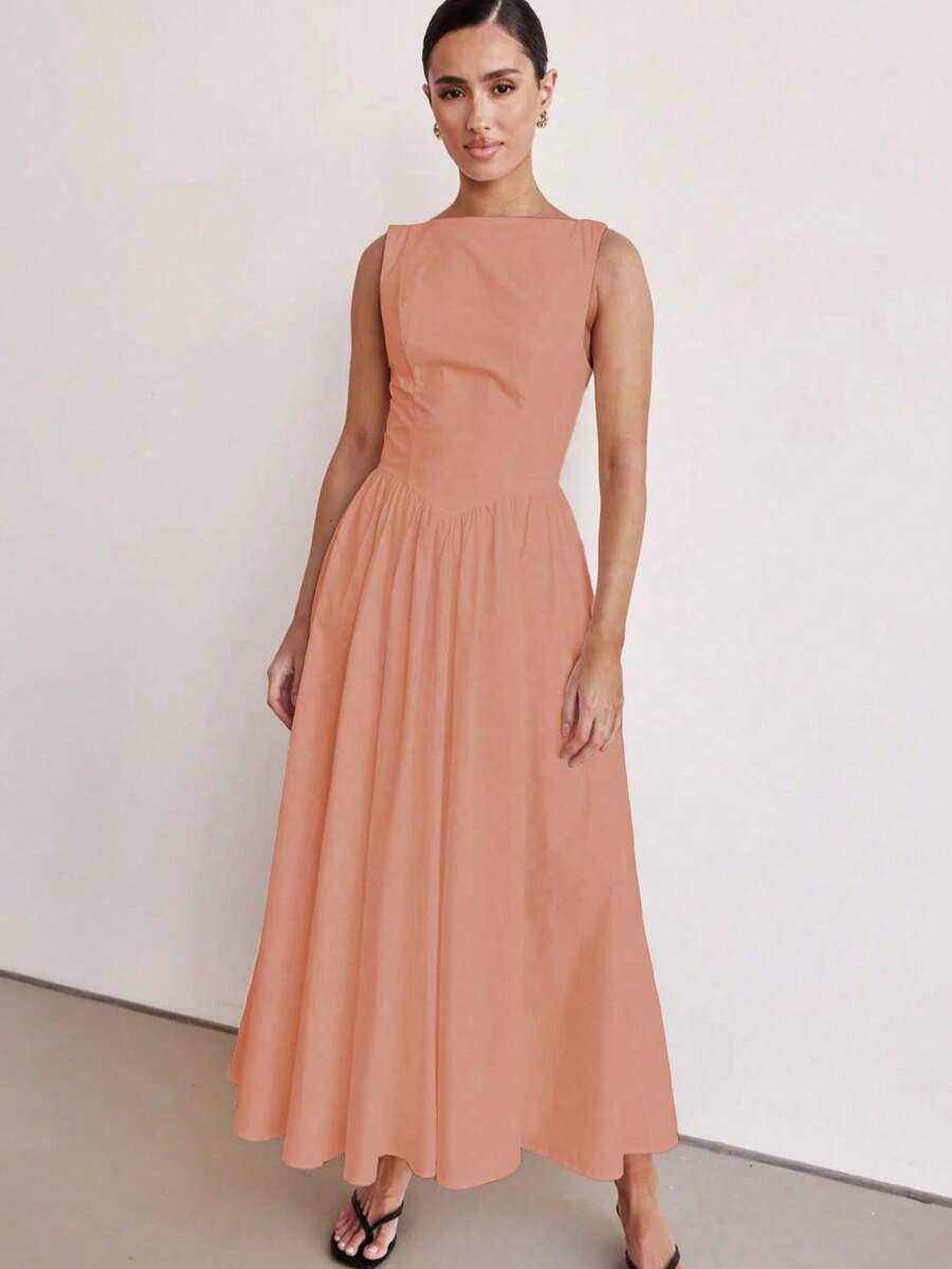 MODA MO, REF: H978 Women's Dress, Long Dress, Sleeveless, Round Neckline, High Waist, Backless, Zipper Dress, Slim Model, A-Line Dress, Elegant, Modern, Light, Comfortable, Versatile, Refined Look, Casual Chic Dress, Event Dress, Sophisticated Look, Summer Dress, Quality Finish, Feminine Style. - 橘色 - 查看 1