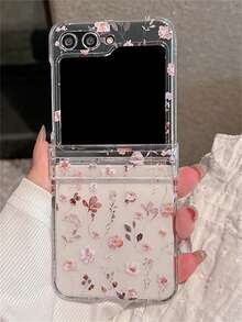 时尚全屏玫瑰花手机壳,带可调节斜挎颈绳,兼容三星 Galaxy Z Flip7 Flip6 Z Flip 5 4 3 粉色花卉折叠保护后盖 - 白碎花 - 查看 4