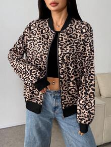 1pc Leopard Print Zipper Jacket New Loose Casual Sports Outerwear - Brown - View 4