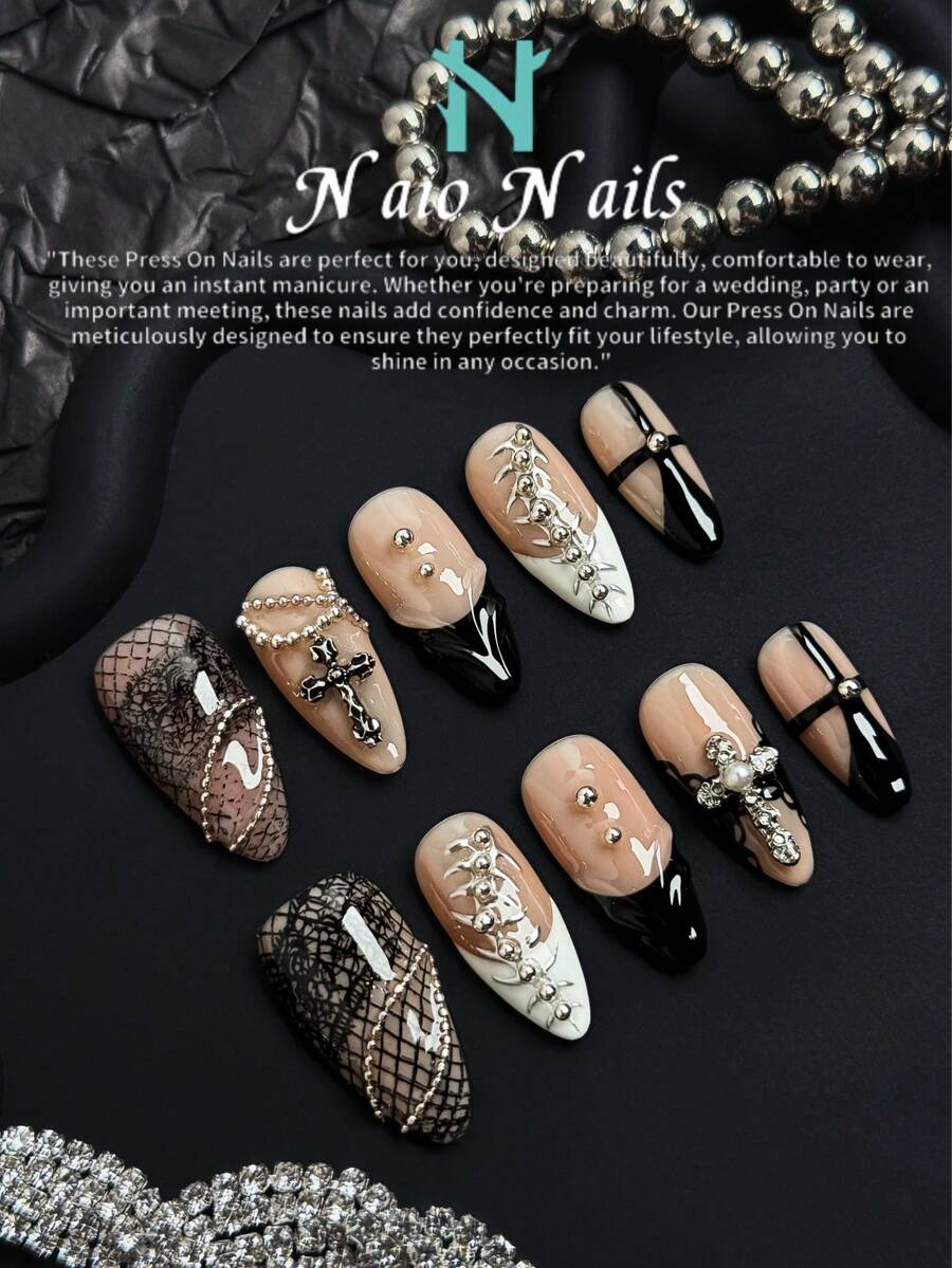NAIO 10片/套手工制作杏仁形Y2K复古风美甲贴片，裸色、黑色和白色法式贴片，蕾丝网格设计，饰以十字架和银色钢珠。非常适合女性和女孩的日常妆容，也适合派对、庆典和其他场合。套装内含工具，是送给女性和女孩的绝佳礼物。美甲用品 手工美甲贴片