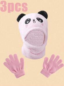 3/1 件帽子手套套装，防风防寒加厚保暖熊猫形毛绒帽子和针织手套。 - 彩色 - 查看 12