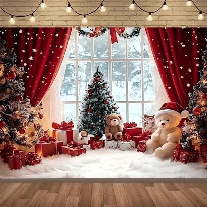 Cenário de boneco de neve de Natal 2D plano com cortina vermelha, adequado para comemorações internas, fotografia de estúdio, reuniões de feriados, fundo de cabine fotográfica de Natal - decoração multiuso para festas e eventos, poliéster, sem necessidade de eletricidade, perfeito para decoração de Natal