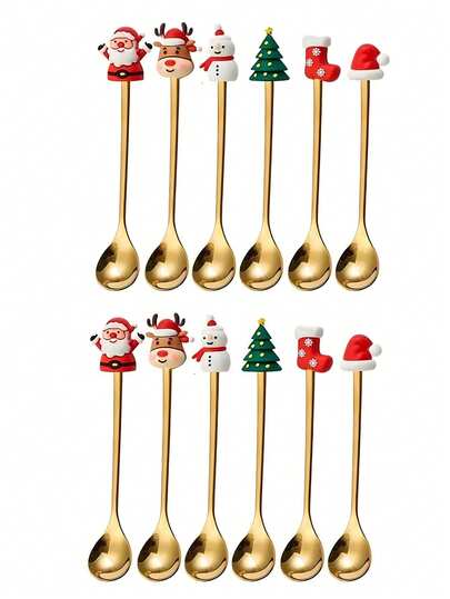 6 pezzi - Cucchiaio dorato natalizio, set di cucchiaini da caffè in acciaio inossidabile con decorazioni natalizie, adatti per feste di Natale in ristoranti, dessert, caffè, frullati, marmellate, con disegni di pupazzi di neve e alberi di Natale, ideali per feste e caffetterie, decorazioni per la tavola di Natale, ottimi regali di Natale