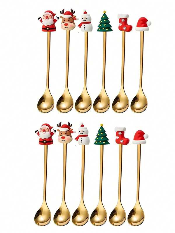 6 pezzi - Cucchiaio dorato natalizio, set di cucchiaini da caffè in acciaio inossidabile con decorazioni natalizie, adatti per feste di Natale in ristoranti, dessert, caffè, frullati, marmellate, con disegni di pupazzi di neve e alberi di Natale, ideali per feste e caffetterie, decorazioni per la tavola di Natale, ottimi regali di Natale
