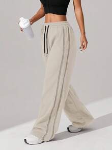 2条装女士华夫格针织面料宽松侧边撞色条纹户外徒步跑步健身室内瑜伽直筒裤，秋冬春季款 - 彩色 - 查看 6