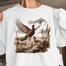 Graphic Tees Women's Retro Pheasant Pattern Printed Sweatshirt - Soft Beige Round Neck Casual Pullover, Medium Elastic Machine-Washable Autumn And Winter Comfort Top, Autumn Clothing, Comfortable And Suitable For The Body - Apricot - View 3